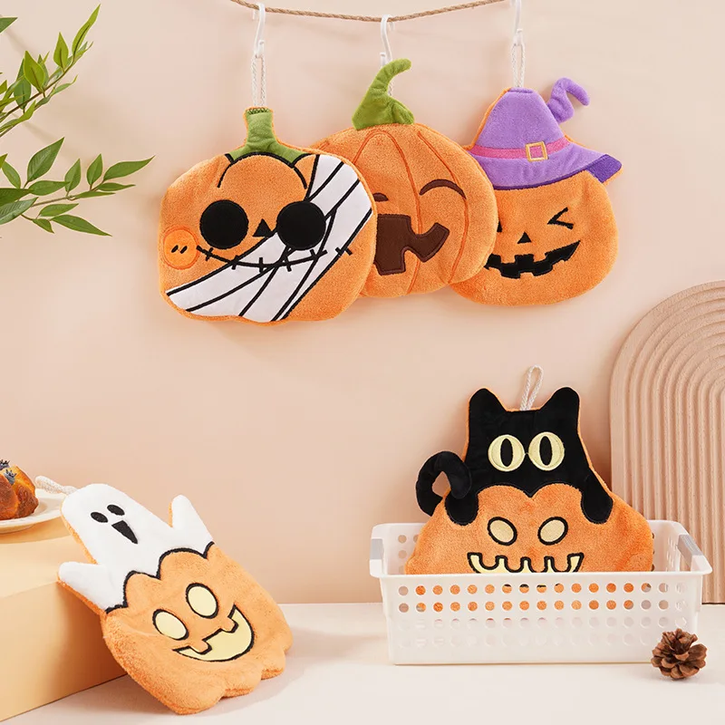 1pc Cute Halloween Witch Ghost Pumpkin Coral Fleece Hanging Hand Towels for Kitchen And Bathroom, Festive Party Decorations.