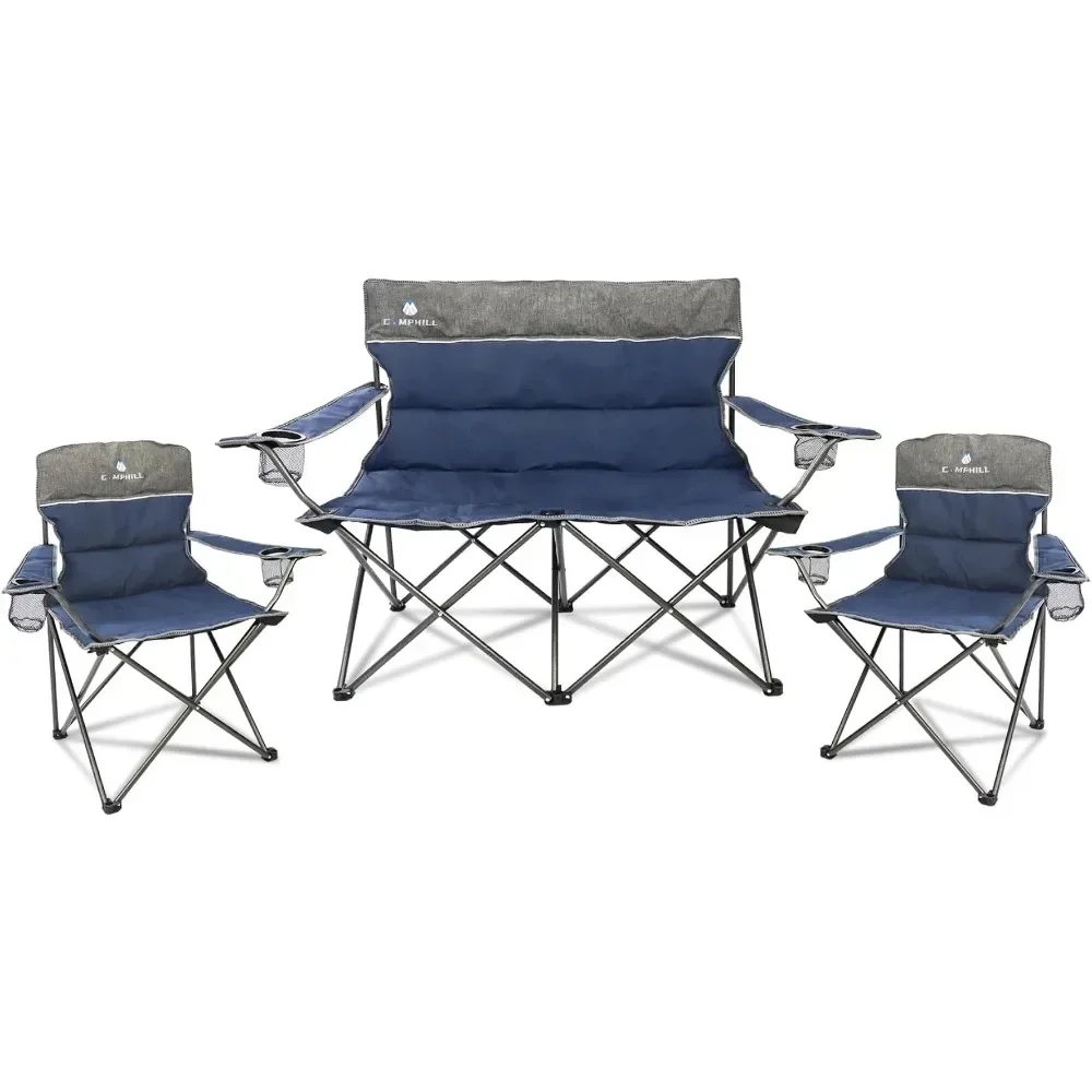 Camping 3-piece set, outdoor folding chairs, suitable for heavy-duty individuals with cup holders, can support up to 500 pounds