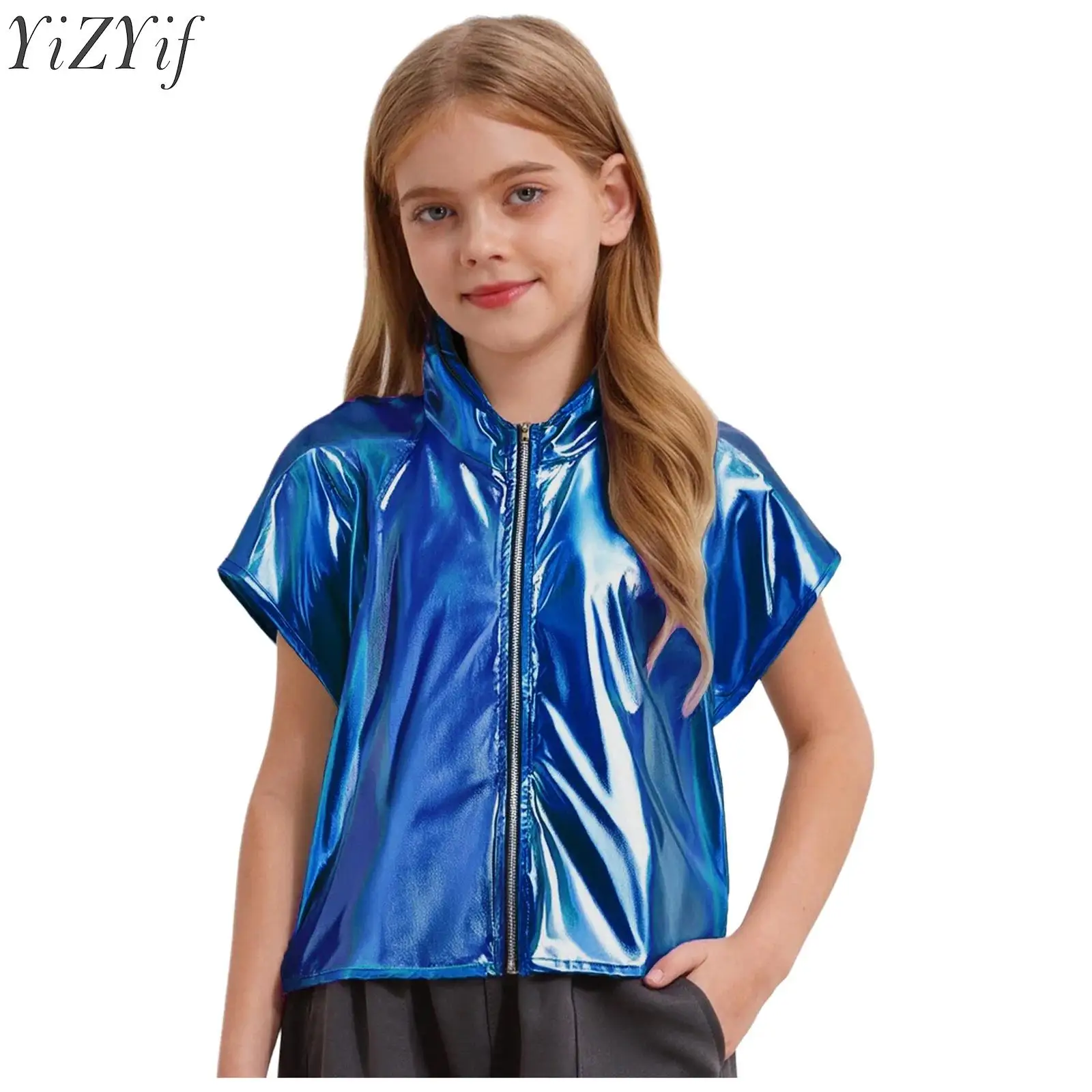 

Unisex Kids Boys Girls Children Metallic Hooded Vest Sleeveless Hoodie Waistcoat for Jazz Dance Streetwear Stage Performance