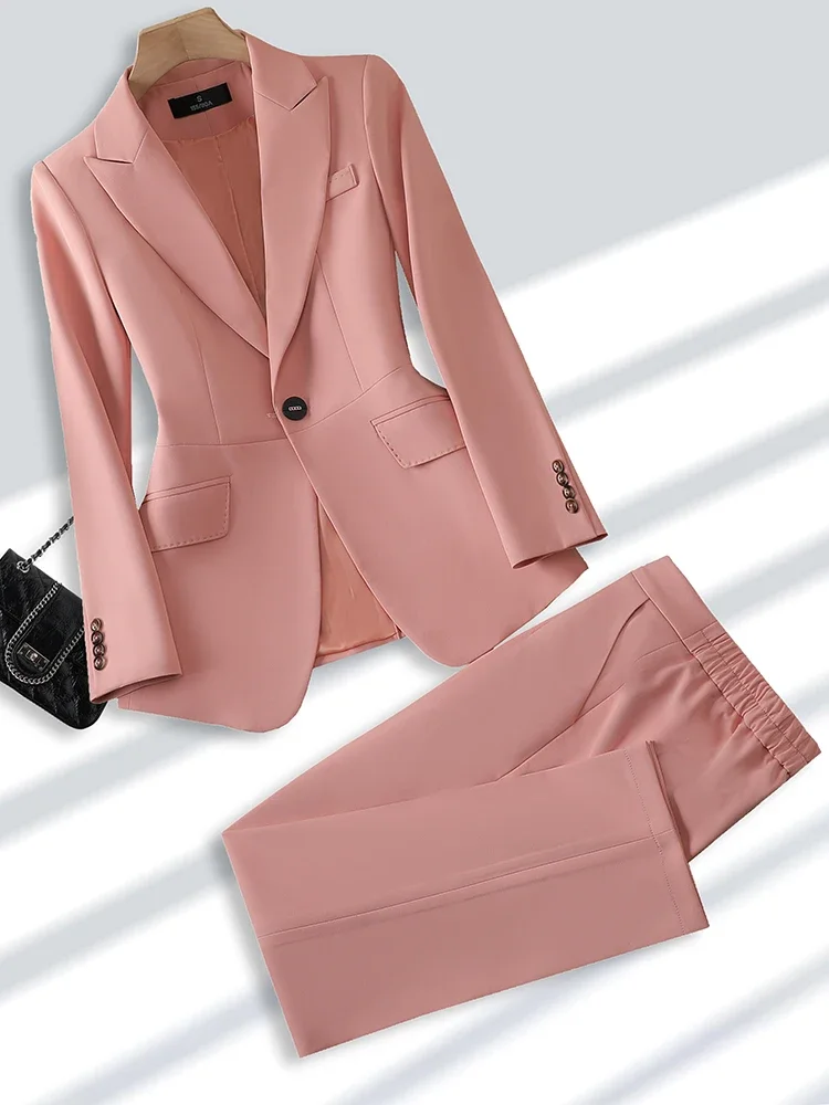 Blazer jaqueta e calças para mulheres, calça formal, roupas de escritório, moda feminina, bege, cáqui, rosa, conjunto de 2 peças