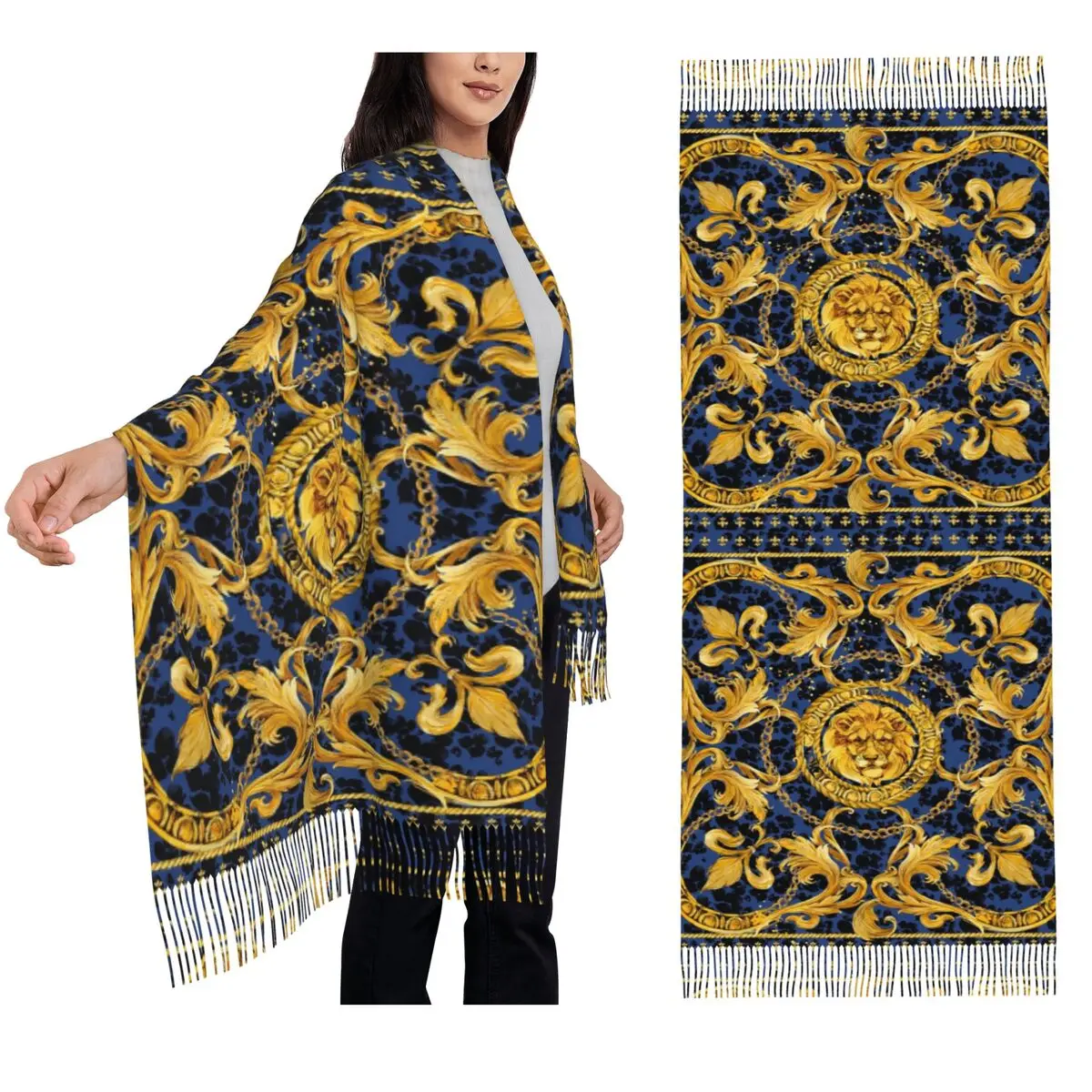 Golden Lion Baroque And Damask Ornament Scarf Tassel Scarves for Women Soft Warm Shawls and Wraps Large Fall Winter Shawl Wrap