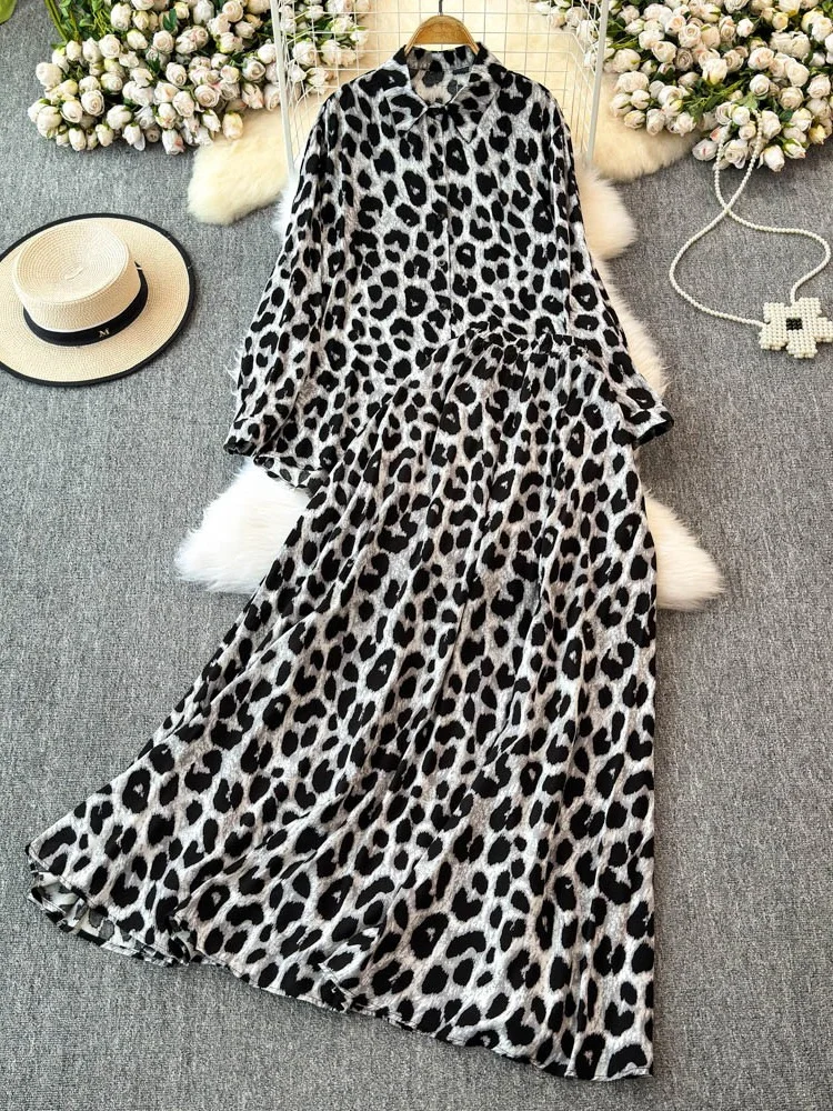 Fashionable Women's Retro Leopard Print Long Sleeve Shirt And A-Line  Skirt Two-Piece Set High Waist Slimming Effect
