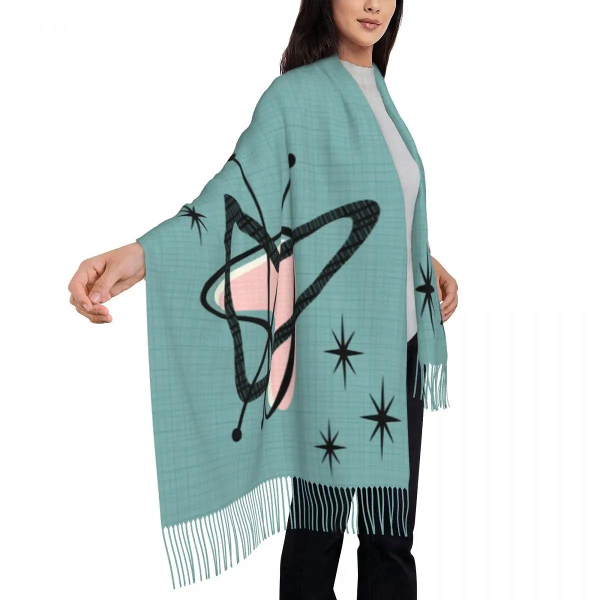 Custom Ladies Long Retro Boomerangs Atomic Era Scarves Women Thick Warm Tassel Shawl Wrap Mid Century Modern Geometric Scarf