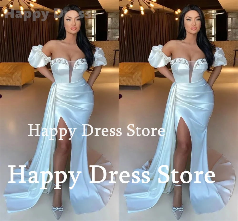 Women Formal Evening Dress Beads Appliques Off-Shoulder Short Sleeves Evening Dress Satin Mermaid New Party Dress Bridal Gown