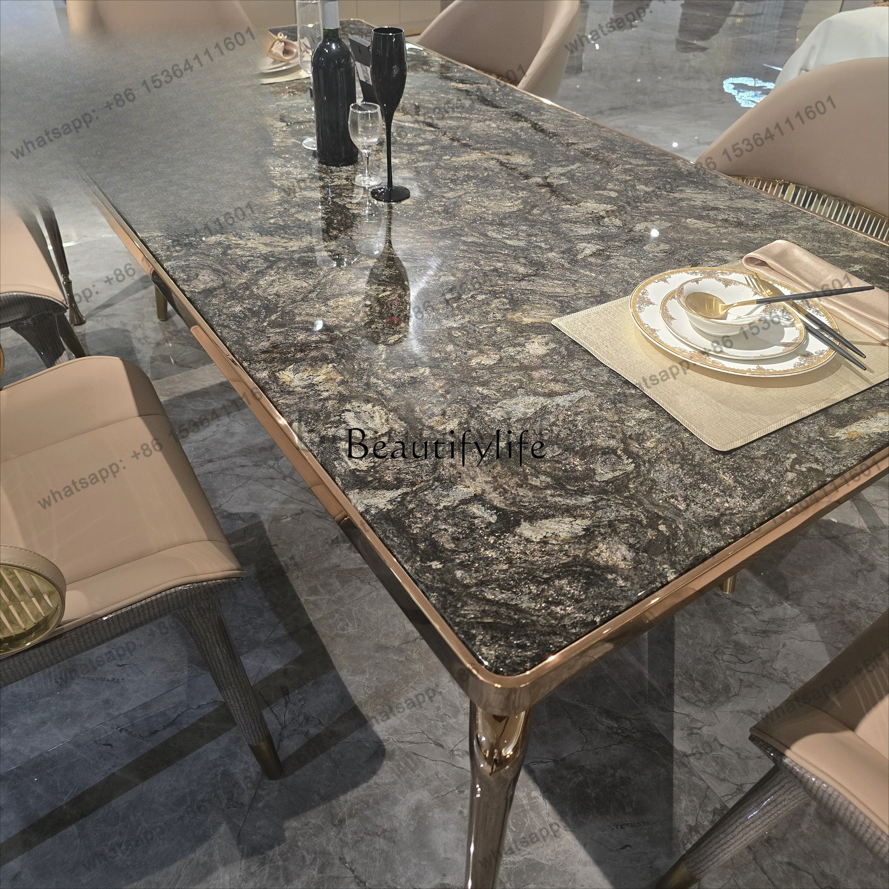 Factory DirectItalian light luxury villa high-end natural luxury stone stainless steel marble dining table