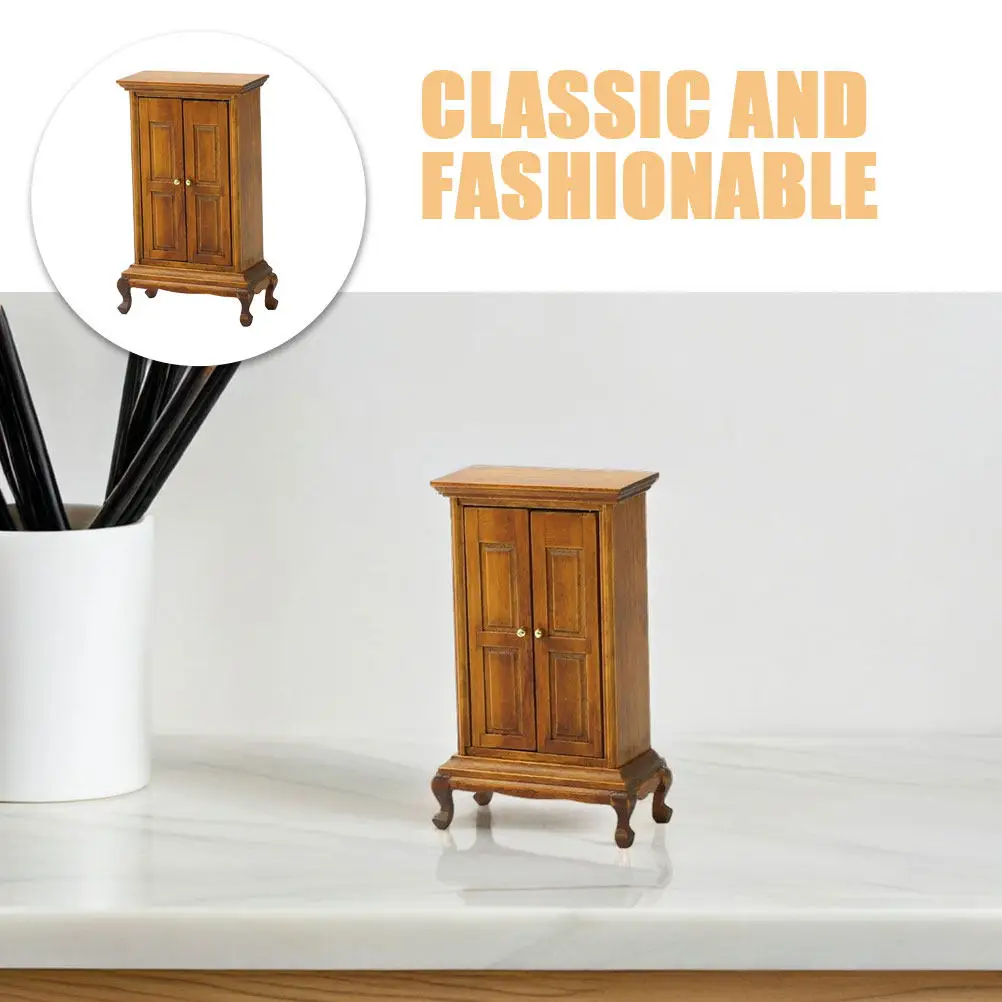 Miniature Furniture European Style Simple Double Door Wardrobe Mini Wooden Cabinet Closet Home Decor Dollhouse Accessories