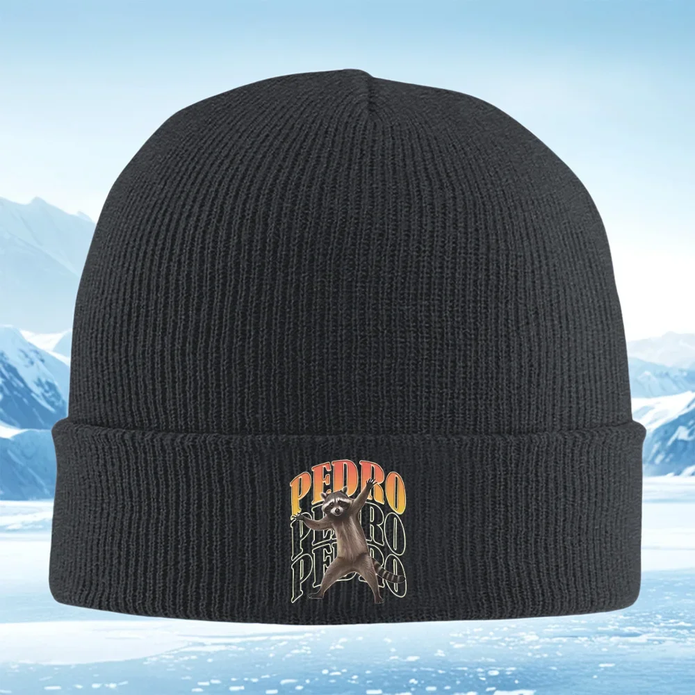2026 Dancing raccoon Pedro cool pose black Men Women Unisex Knitted Hat Beanie Pullover Cap Winter Thermal Warm Christmas Outdoo