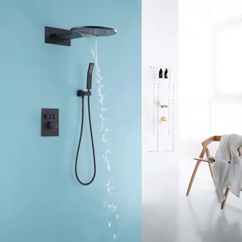 New Thermostatic Matt Black Hidden In-wall Outdoor Shower System Bathroom Waterfall Top Spray Shower Set