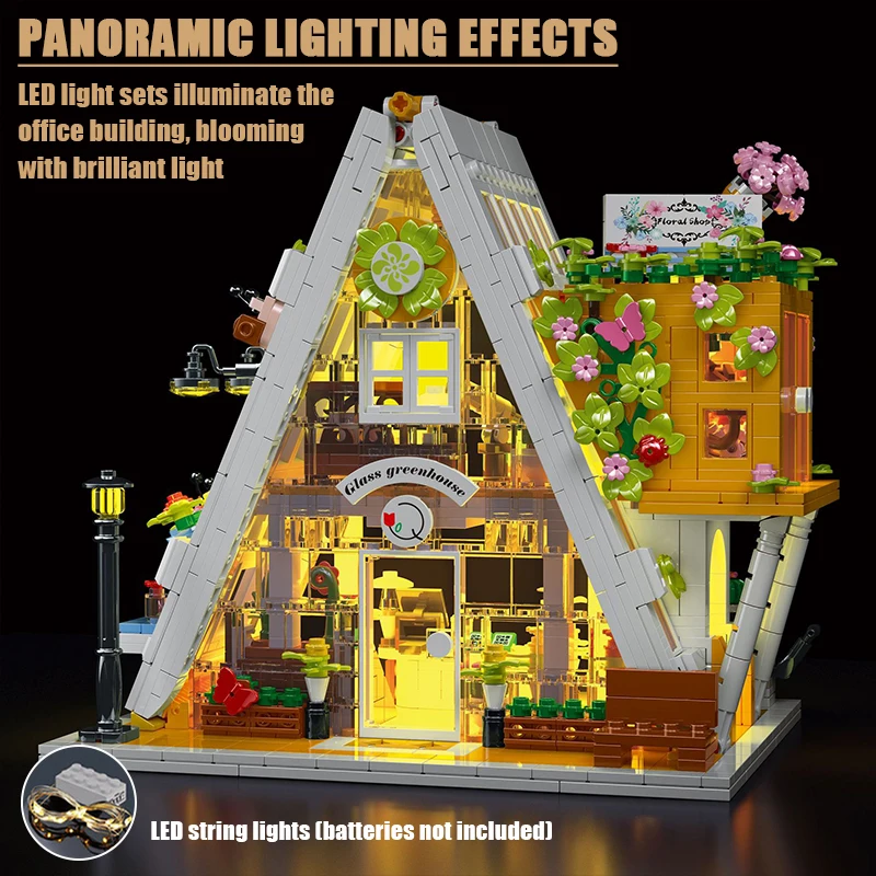 City Triangle Glass Greenhouse Street View Building Blocks with LED Strip Flowers House Architecture Bricks Toys for Kids Gifts