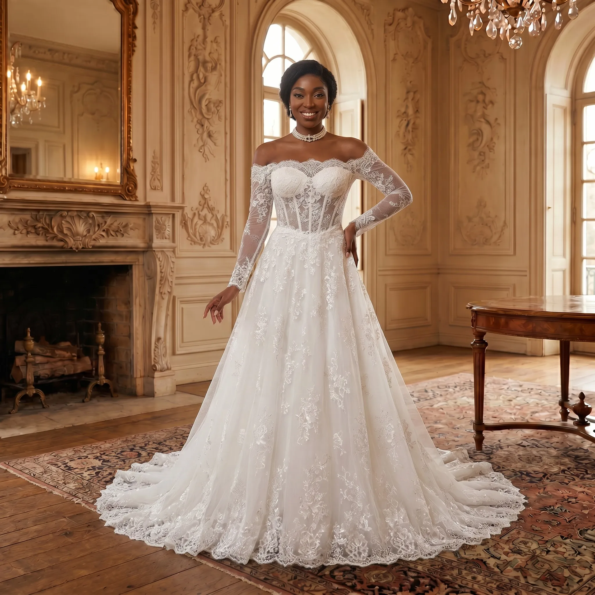 Off-the-Shoulder Long Sleeve A-Line Wedding Dress Sheer Corset Bodice Lace Appliques Tulle Chapel Train Bridal Gown