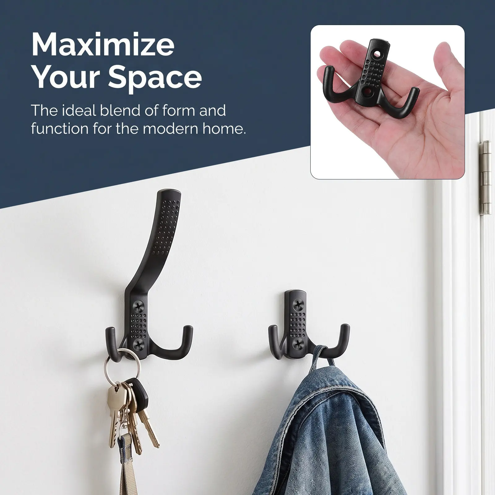 4Pcs Clothes Hooks Double Triple Pronged Aluminum Alloy Wall Mounted Hook Set Black Matte Finish Bedroom Bathroom Closet