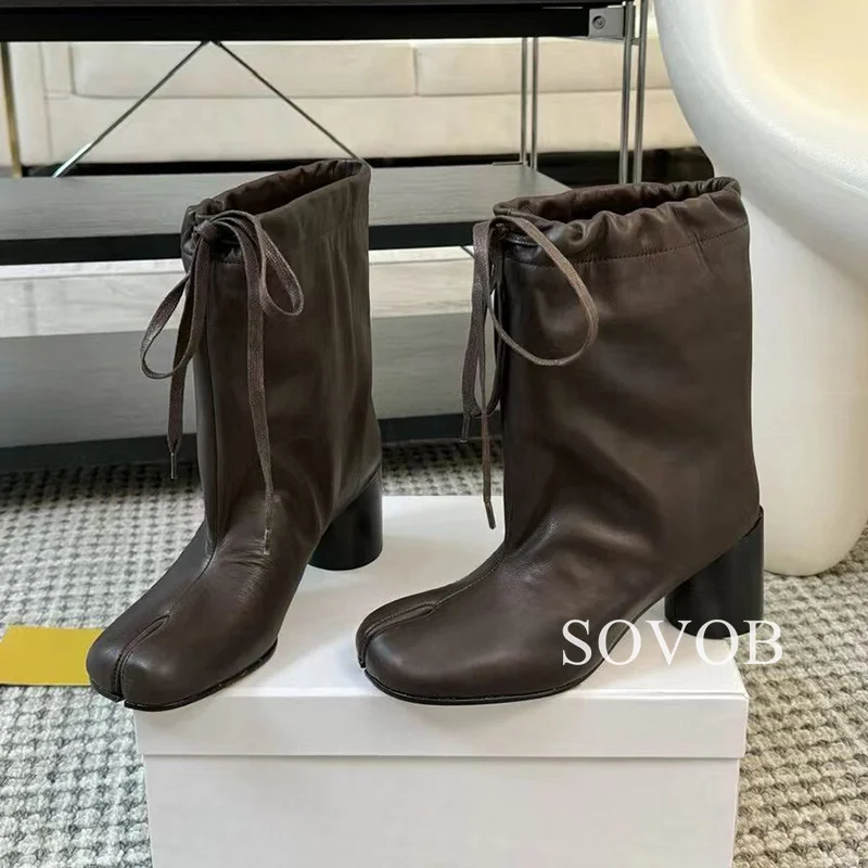 New Spring  Autumn Genuine Leather Split Toe Mid Calf Boots Women's Chunky High Heels Elastic Band British Style Modern Boots