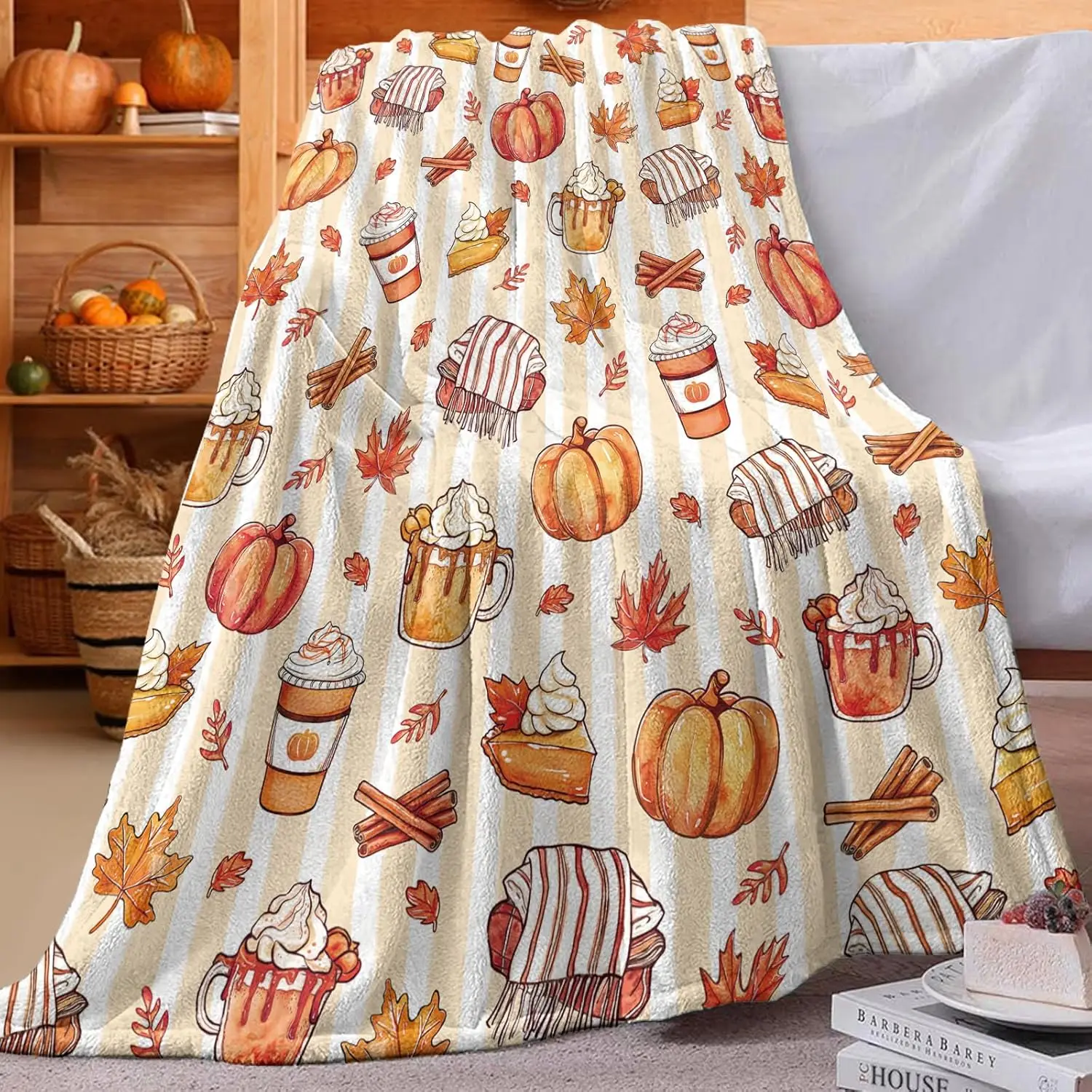 

Fall Pumpkin Dessert Coffee Scarf Flannel Throw Blanket, Autumn Thanksgiving Birthday Gifts for Kids Men Women, Cake Maple