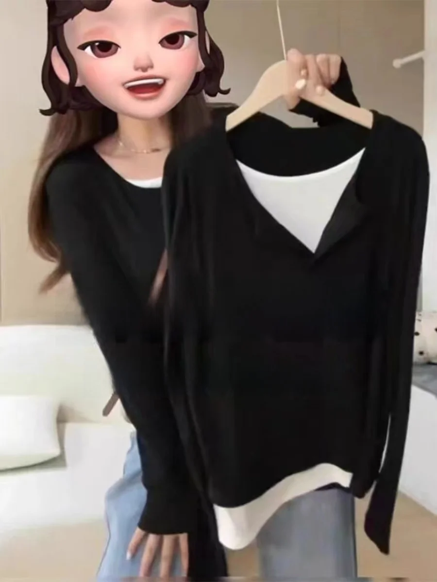 

Женская многослойная футболка с длинным рукавом, весенняя, больших размеров, с цветовыми блоками, свободного кроя, с эффектом стройности, универсальный топ