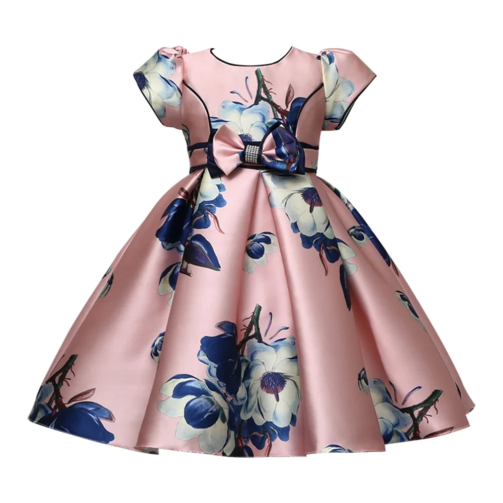 Robes en satin à imprimé floral pour filles, vêtements de princesse décontractés pour enfants, nœud floral, fête d'anniversaire, mignon, 3-10T