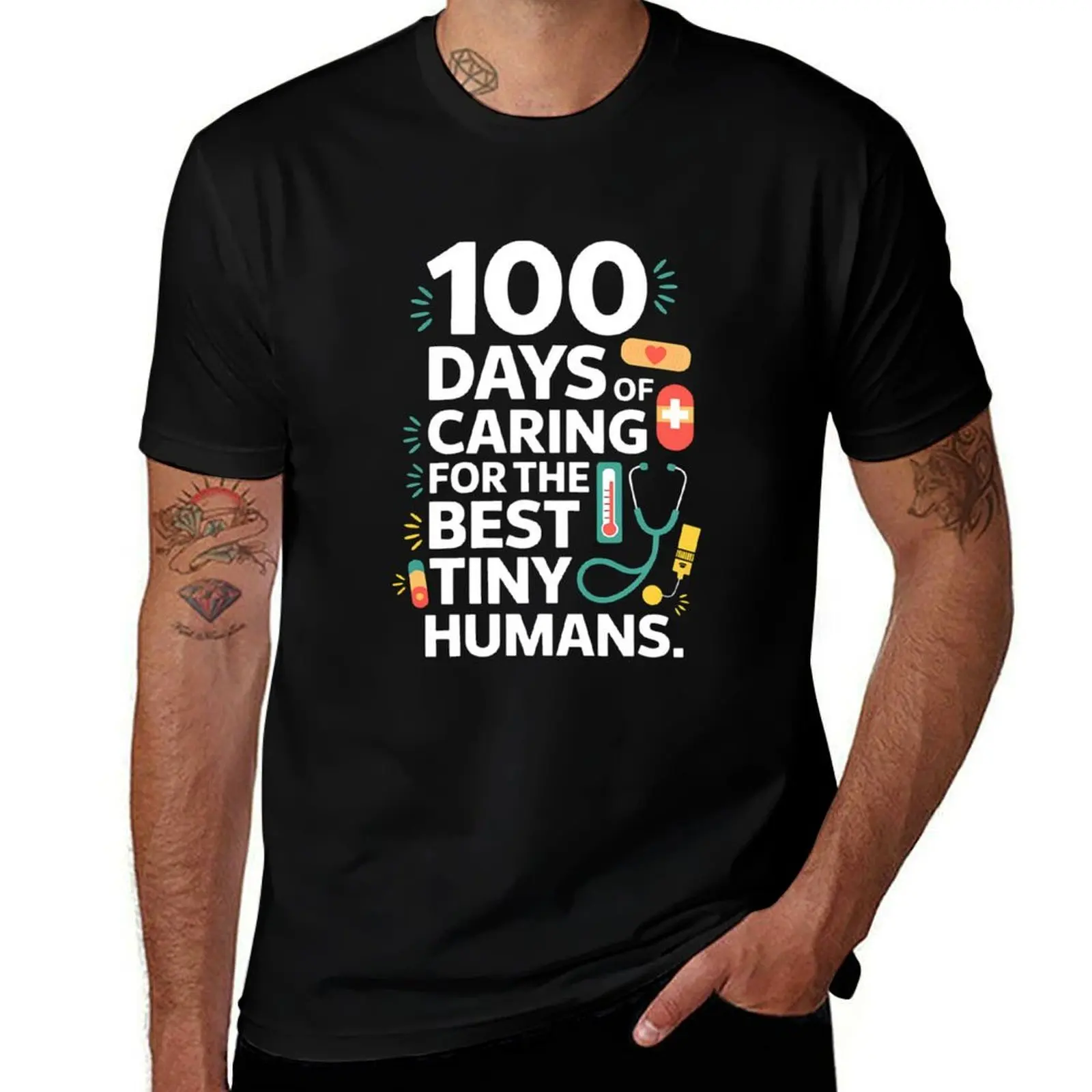 

100 days of caring for the best tiny humans School Nurse T-Shirt graphic shirts blacks korean fashion mens designer t shirt