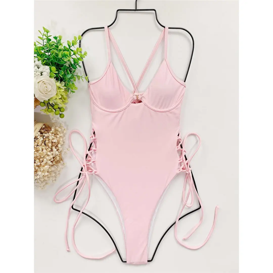 Sexy, mit Schnürung versehener, einteiliger Badeanzug mit Bügel, Damen-Bademode, rückenfreier Monokini-Badeanzug, Badeanzug für Damen, Modell V2906. – Detail 22