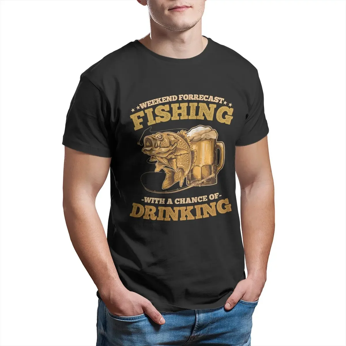 Weekend Forecast Fishing with a Chance of Drinking Funny Fisherman  Classic T Shirt for Men  100% Cotton Tee Plus Size Clothing