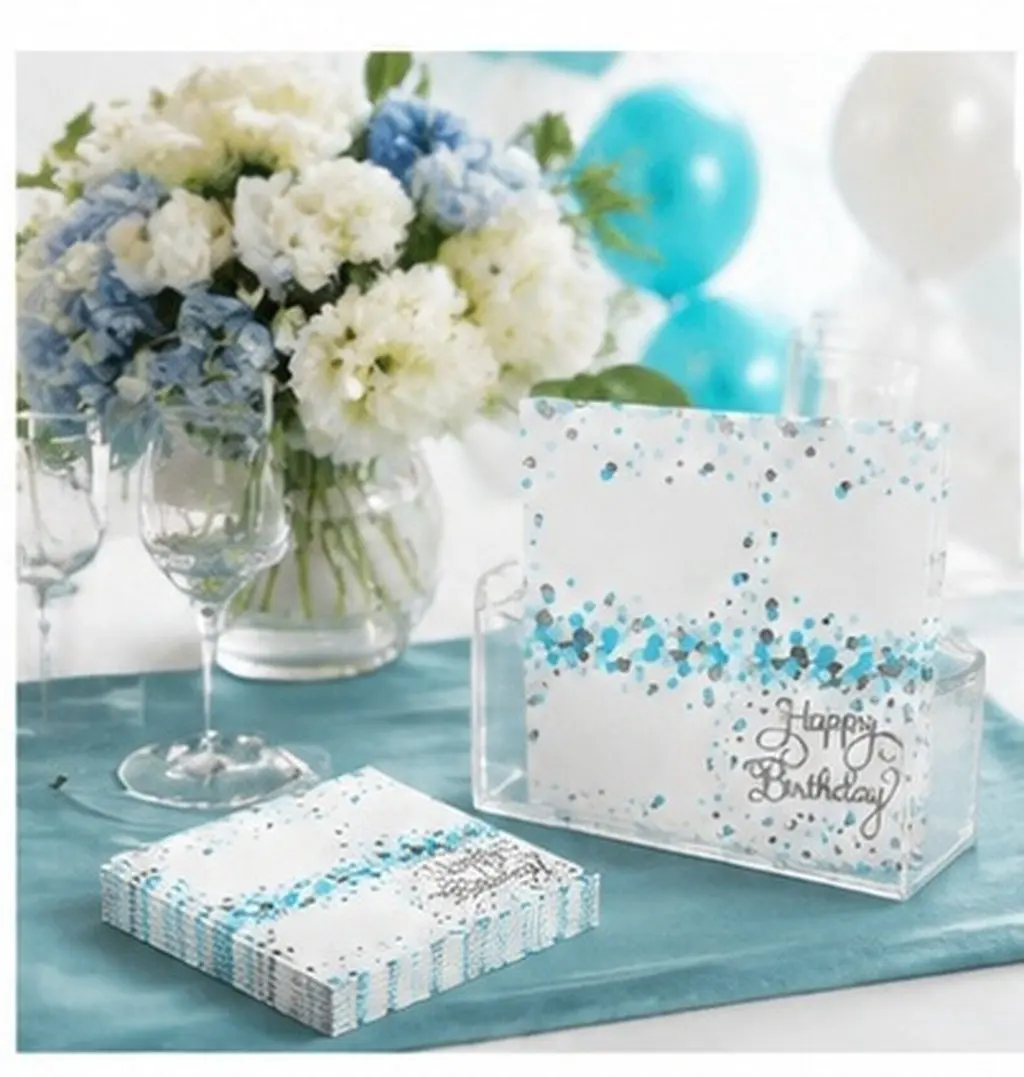 40pcs Blue Polka Dot Disposable Cocktail Napkins – Stylish Silver-Trimmed Party Napkins for Birthday, Wedding & Table Decor