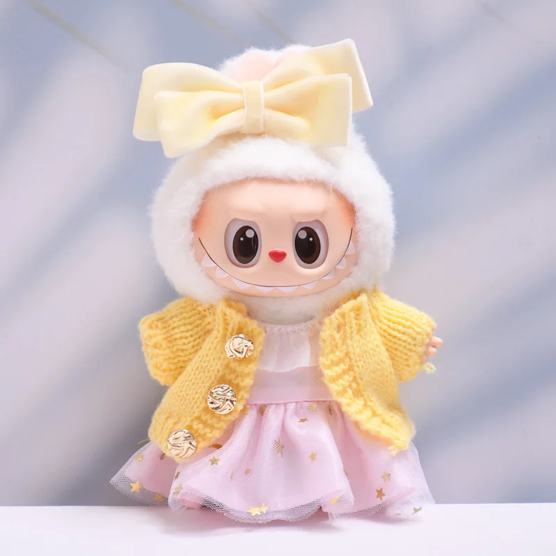 Vestiti per bambole Labubu Gonna cardigan lavorata a maglia rosa oro 17 cm Vestiti per bambole in peluche Labubu I II Idol Doll Seduta Accessori per feste