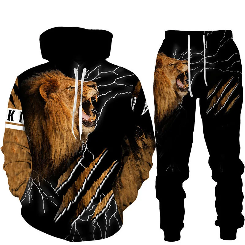 Trendy Cool Men's Lion Pattern Print Hoodie Set Autumn Winter Casual Suit Oversize Tracksuit Animal Hoodies Two-piece Streetwear