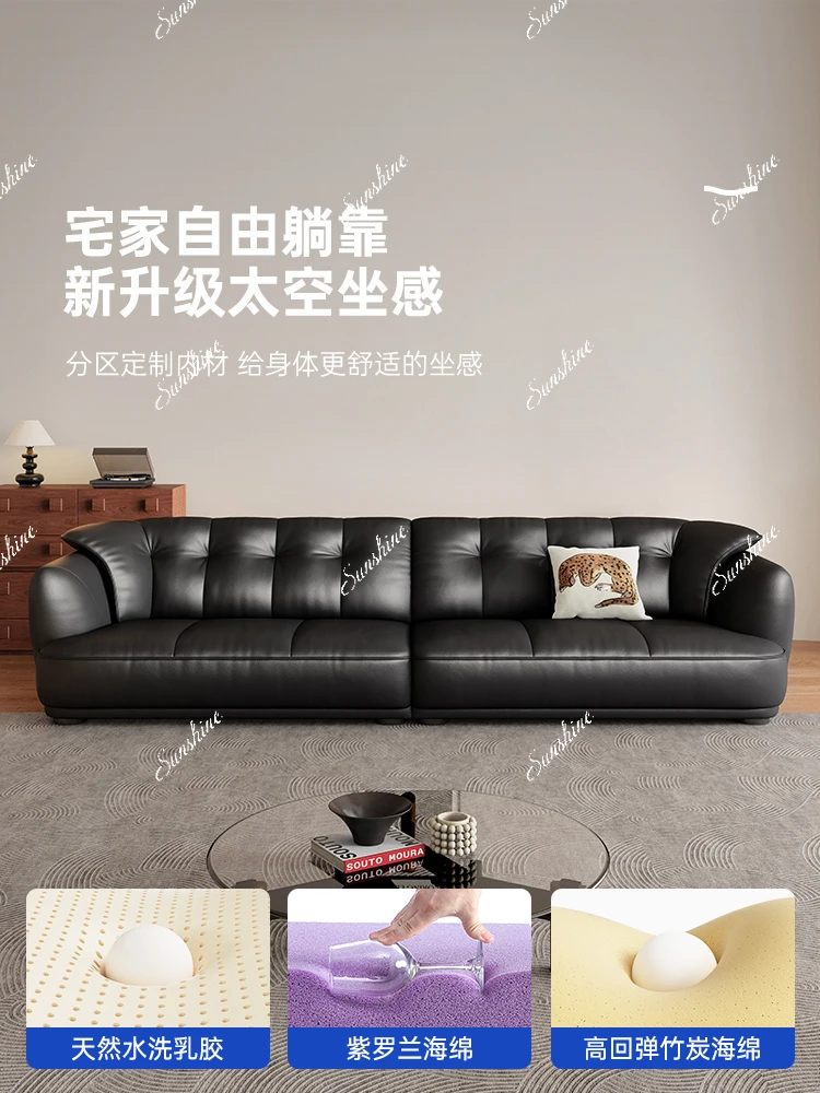 Black retro leather sofa first layer cowhide living room horizontal hall small apartment straight row wide sitting deep