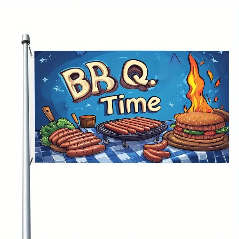 BBQ Time Flag Summer Barbecue Patio Outdoor Decoration Flag with Grill Hot Dog Hamburger Print