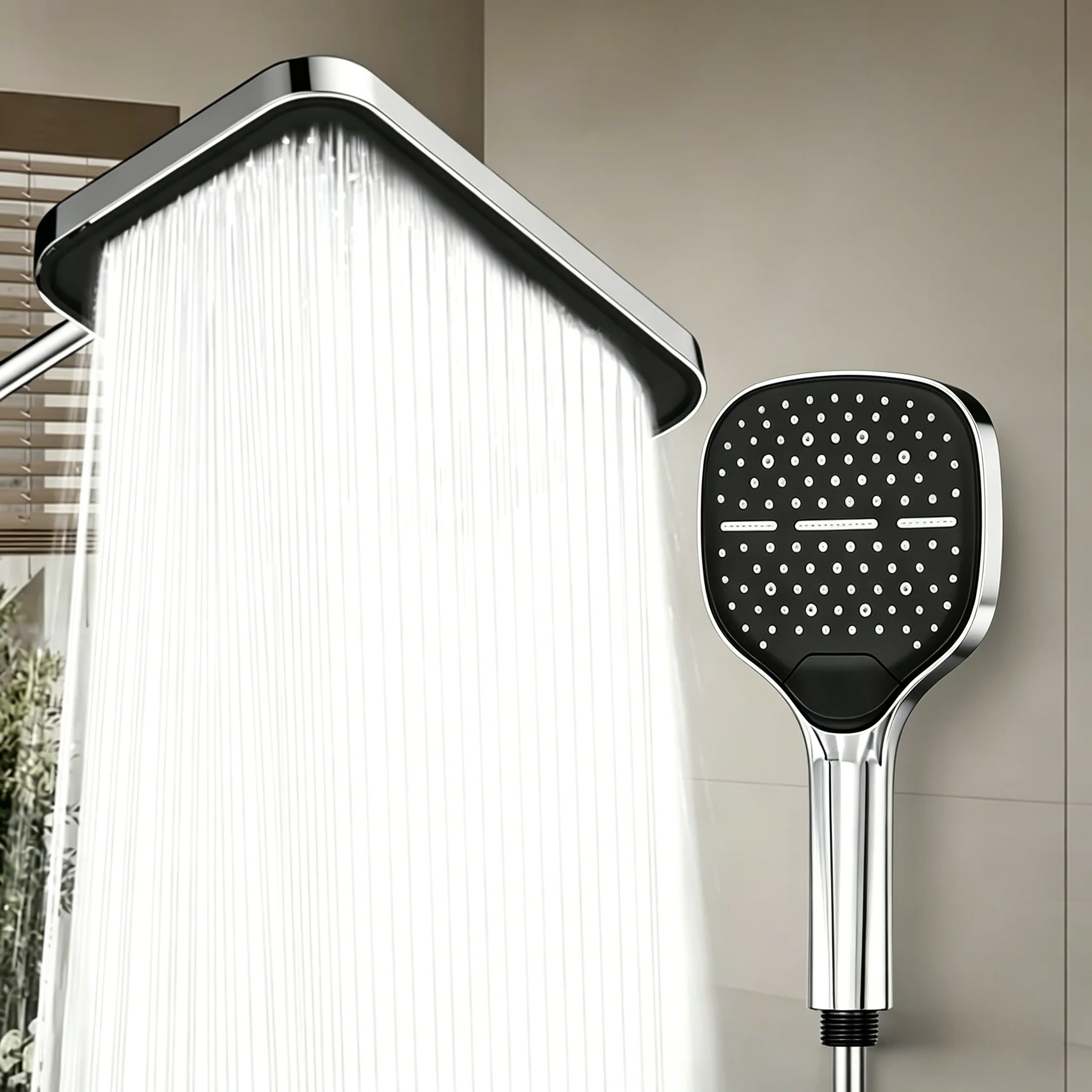 

Large PVC overhead shower and pressurized hand shower set with large spray nozzles and multi-level adjustable shower faucet