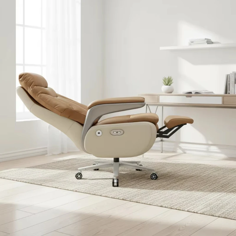 Modern light-colored executive leather office chair | Ergonomic swivel chair, fixed armrests, waist massage, suitable for home