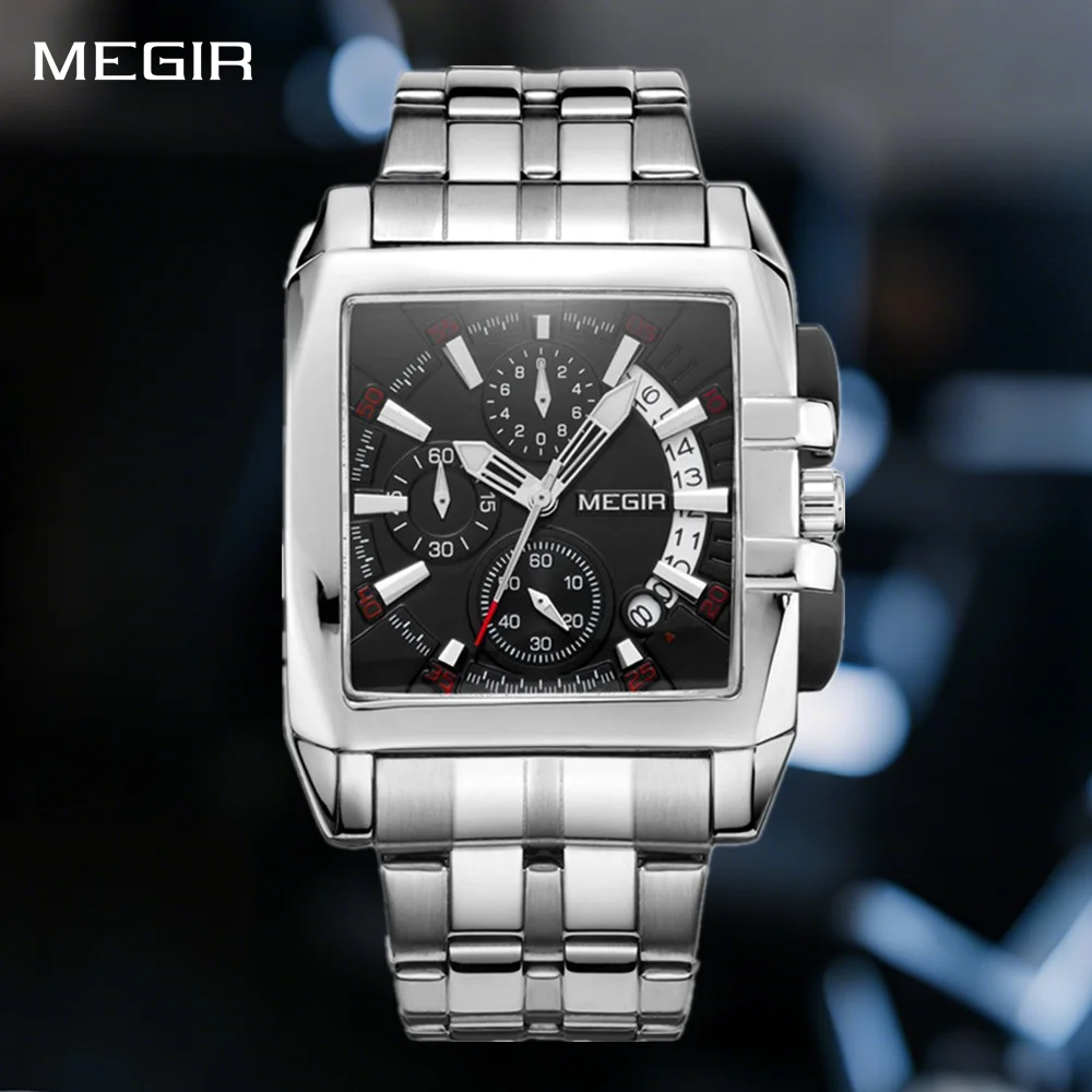 MEGIR Men Chronograph Quartz Watch Square Dial Stainless Steel Strap Waterproof Calendar Business Casual Wristwatch for Man