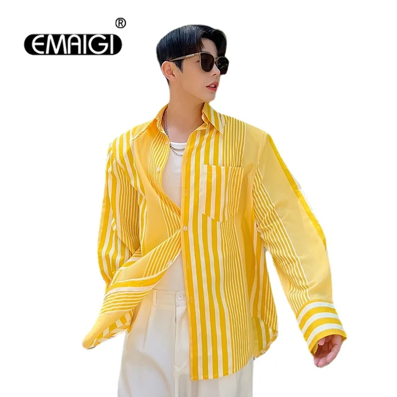 Men Bright Yellow Stripe Casual Loose Sunscreen Shoulder Pad Long Sleeve Shirt Male Korean Streetwear Fashion Shirts Cardigan