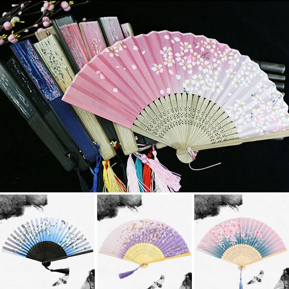 Silk Chinese Japanese Folding Fan Bamboo Colorful Shank Classical Dance Fan Tassel Elegent Female Fan Hand Fan