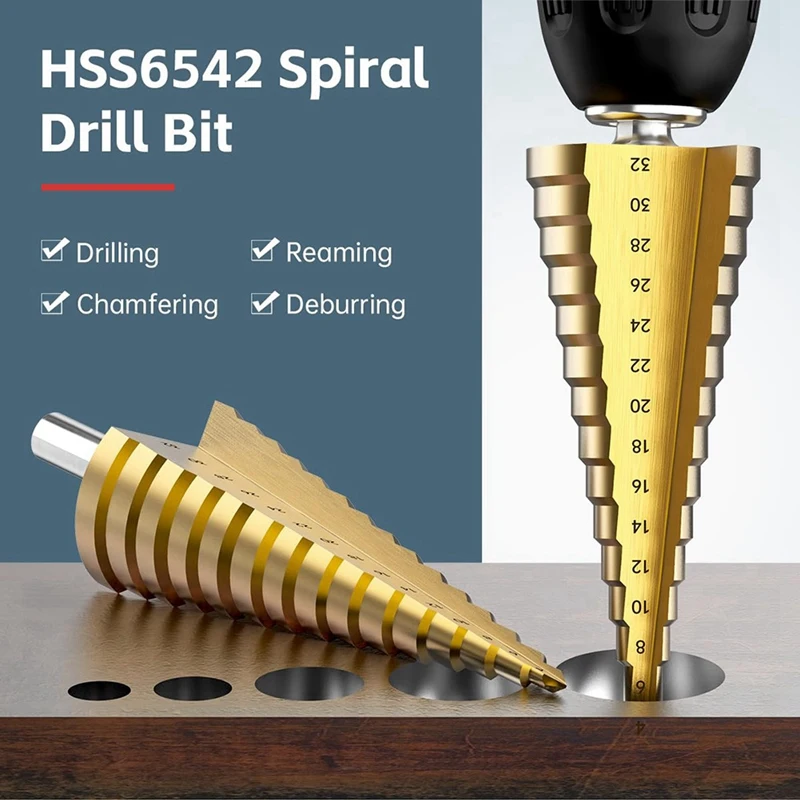 Set Mata Bor Langkah, 3 Buah Mata Bor Langkah Titanium, Mata Bor Metrik 4Mm Hingga 32Mm HSS6542 Mata Bor Kerucut untuk Logam, Kayu, PVC-AT64