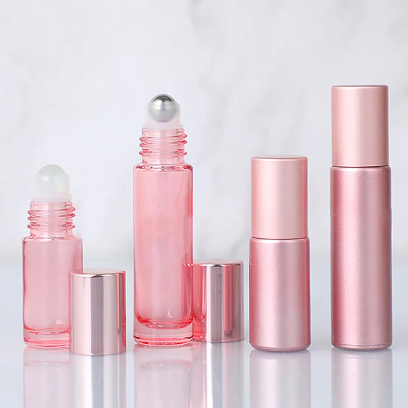 

1PC Glass Roll On Bottle 5/10ml Pink Roller Bottle Essential Oil Lip Gloss Refillable Tube Empty Jar Glass Perfume Bottle