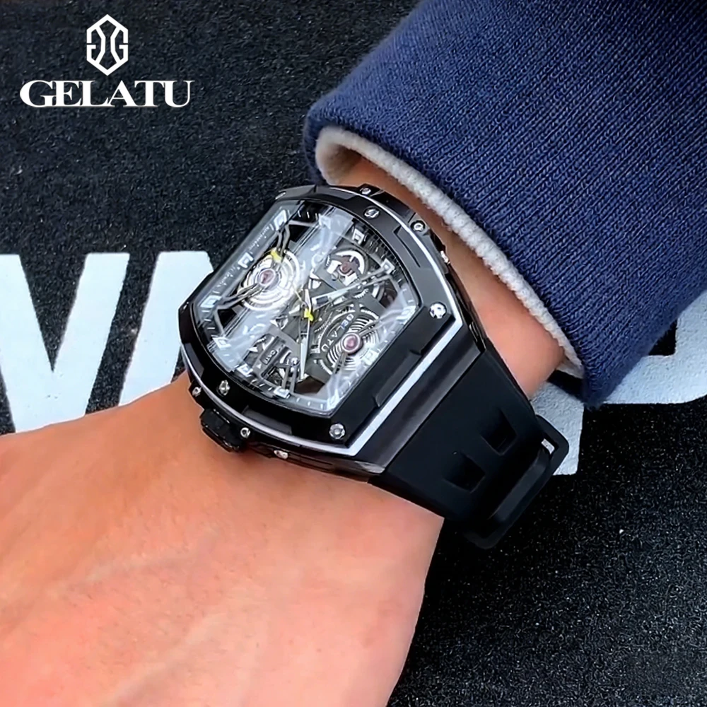 GELATU Men's Watches Classic Trend Silicone Strap Hollow Out Mechanical Dial Original Automatic Wristwatch Sapphire Mirror 6012
