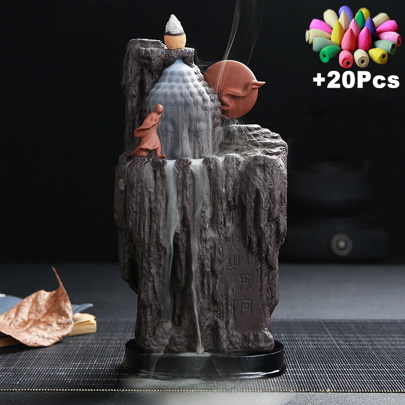 Gift Handmade Ceramic Rockery Waterfall Buddha Monk Chinese Feng Shui Landscape Decor Flowing Water Backflow Incense