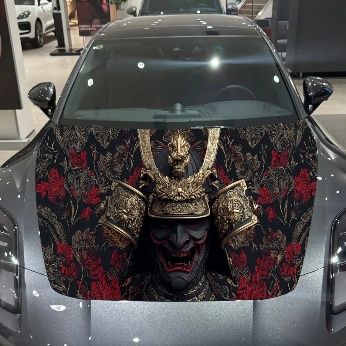 Japanese Warrior Journey PVC Car Engine Hood Vinyl Wraps, Self-Adhesive Waterproof Car Hood Decal Sticker, Car Decoration Protec
