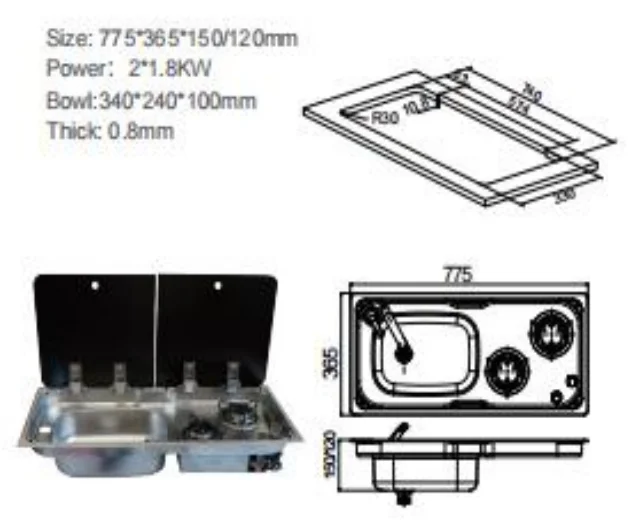 Gas Cooker Two Burner  Sink Combi Stainless Steel 2 Burner RV Gas Stove