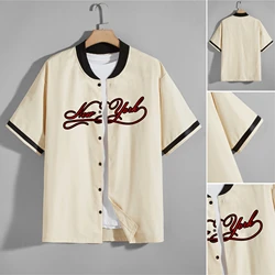 Men's Baseball Uniform Khaki Short Sleeve Letter New York Print Baseball Shirt Casual Street Hip Hop Shirt Top