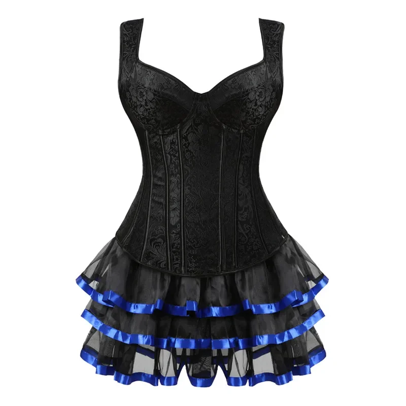 Women Sexy Jacquard Steampunk Corsets Dress Retro Vest Side Zipper Gothic Overbust Corset With Mini Tutu Skirt