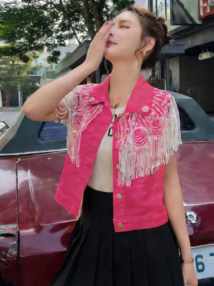Green Splice Short Jeans Jacket Women's Fashion Outerwear Vest Top Tag Removed Commute Style Breathable Medium Warmth