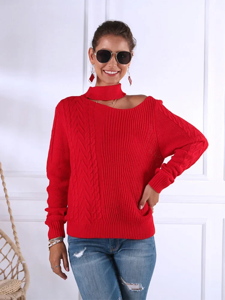 Autumn Winter Women\'s Hanging Neck Strapless Sweater New Hollow Open Shoulder Pullover Tops Orange Sweater GD197