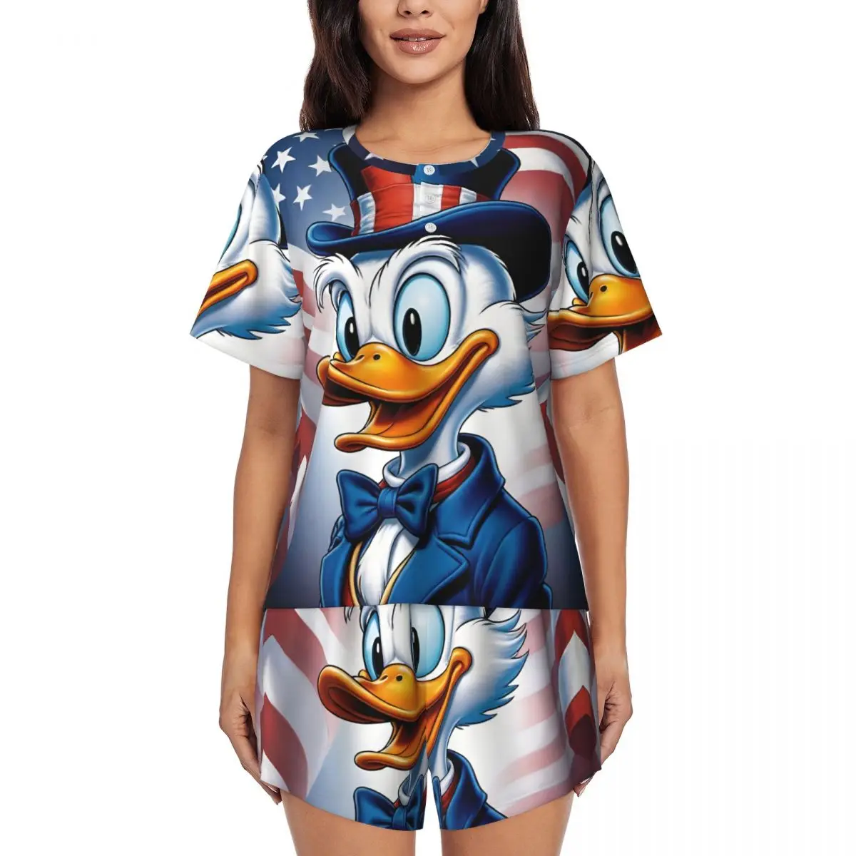 

Custom Printed Womens Happy Donald Duck Pajamas Set Short Sleeve 2 Piece Sleepwear Pj Lounge Sets