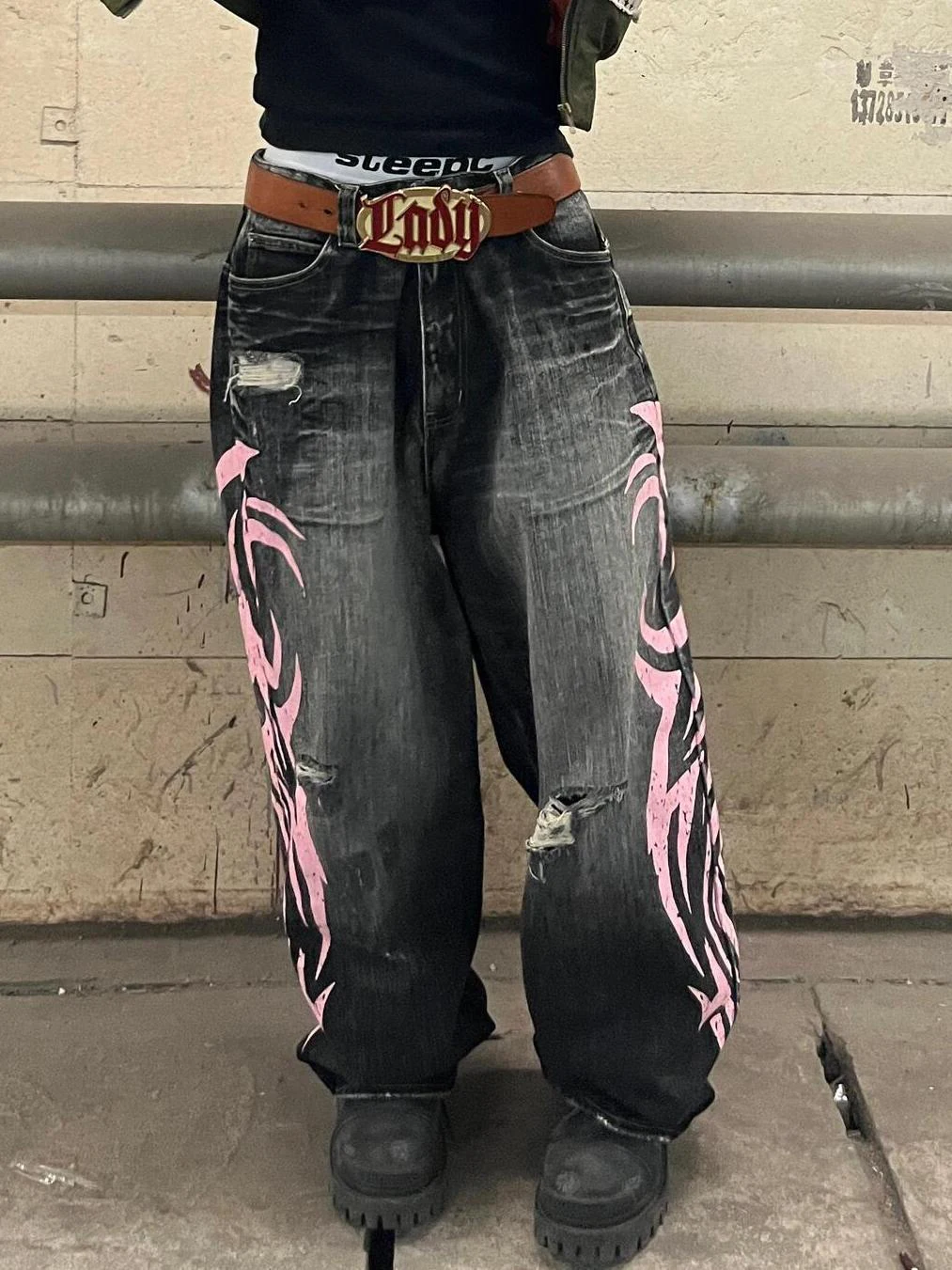 Men's Mottled Totem Print Jeans American Style Old Washed Wide Leg Retro Loose Fashion Trend Wide Leg Jeans Goth Pant Y2K Unisex