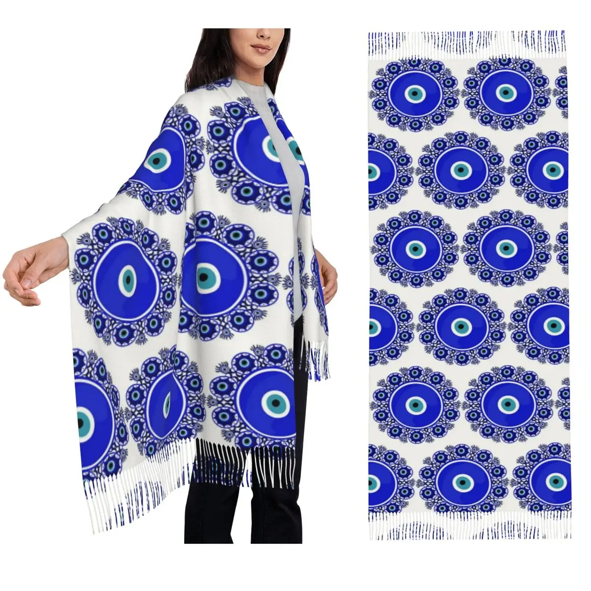 عين الشر ماندالا باللون الذهبي والأزرق محظوظ سحر تميمة وشاح شرابة الأوشحة للنساء شالات ويلتف طويل الخريف الشتاء شال التفاف