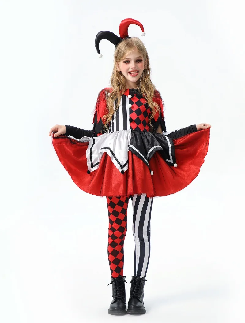 Girls Harlequin Clown Costume Horror Clown Fancy Dress Halloween Cosplay Kids Cospaly Dresses Carnival Party Stage Tutu Dresses