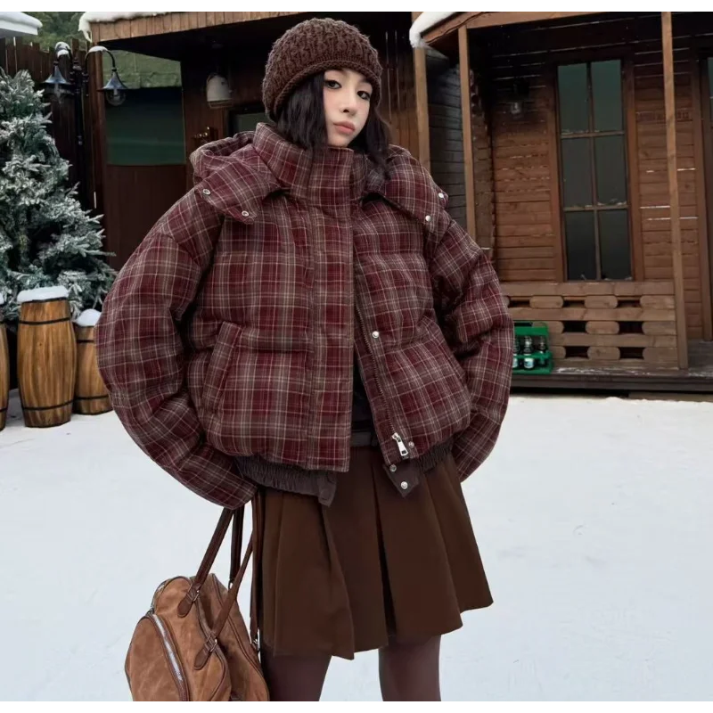 Doudoune courte à carreaux pour femme, manteau chaud et amincissant, à la mode, coupe ample, nouvelle collection hiver 2025