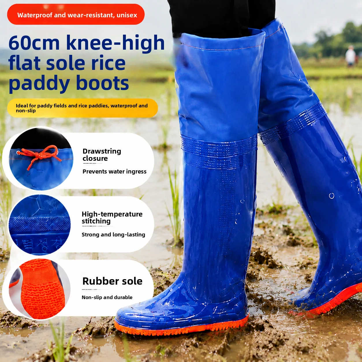 Waterproof High-Tube Rain Boots Men Women Rice Planting Special Cow Tendon Soft Bottom Anti-Slip Lightweight Field Boots Flat...