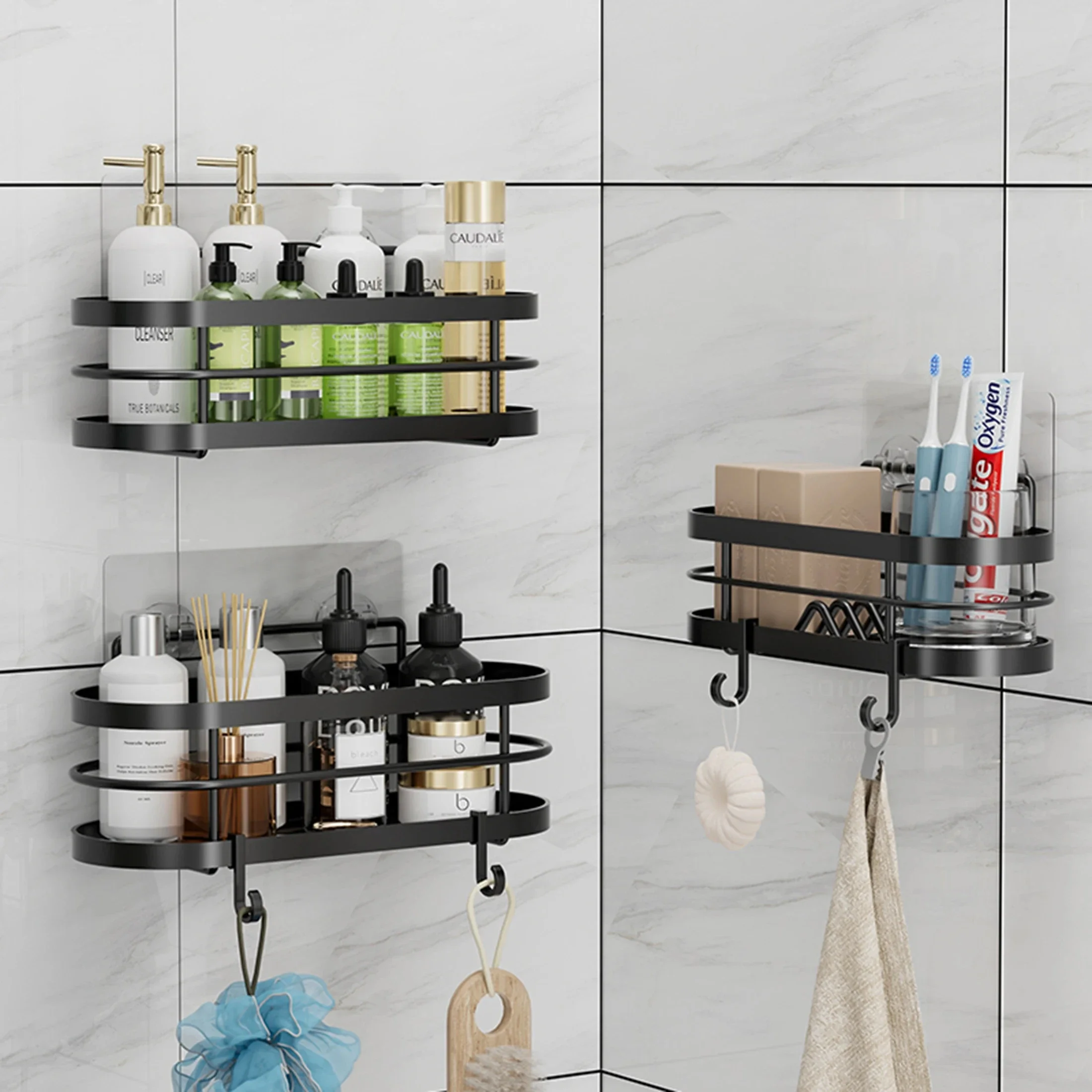 

1set Storage Rack With Hooks For Kitchen Bathroom Bedroom Office,Wrought lron Bathroom Shelf,Punch Free Hanging Shelf, Organizer