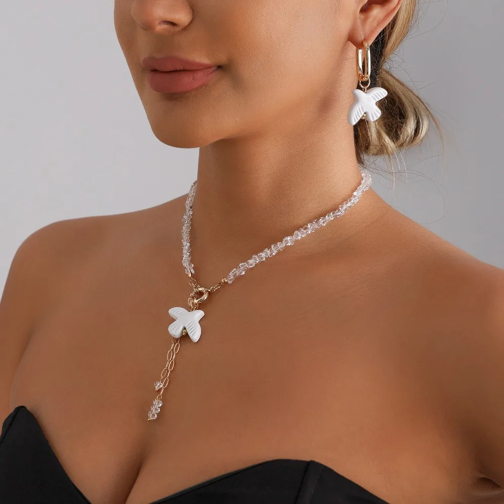 New Trendy White Flying Bird Dove of Peace Pendant Crystal Beaded Tassel Choker Necklace Bracelet Earrings Set for Women Jewelry view 3